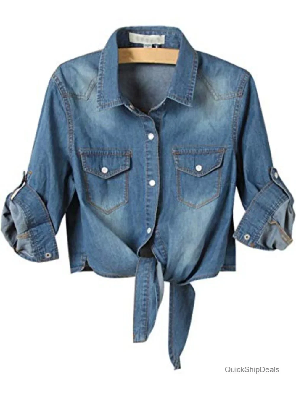 Roll Up 3/4 Sleeve Tie Front Knot Shirt Chambray Denim Crop Top